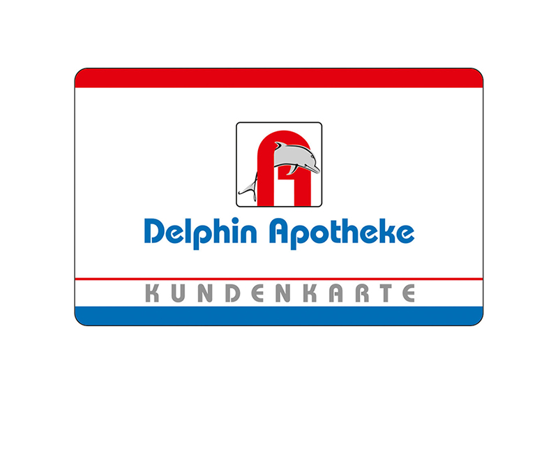Kundenkarte der Delphin Apotheke mit rotem, weißem und blauem Design und einem Delphin-Logo