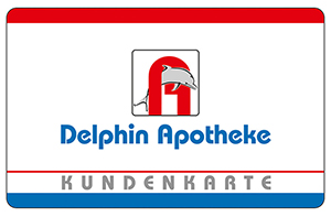 Kundenkarte der Delphin Apotheke mit rotem, weißem und blauem Design und einem Delphin-Logo